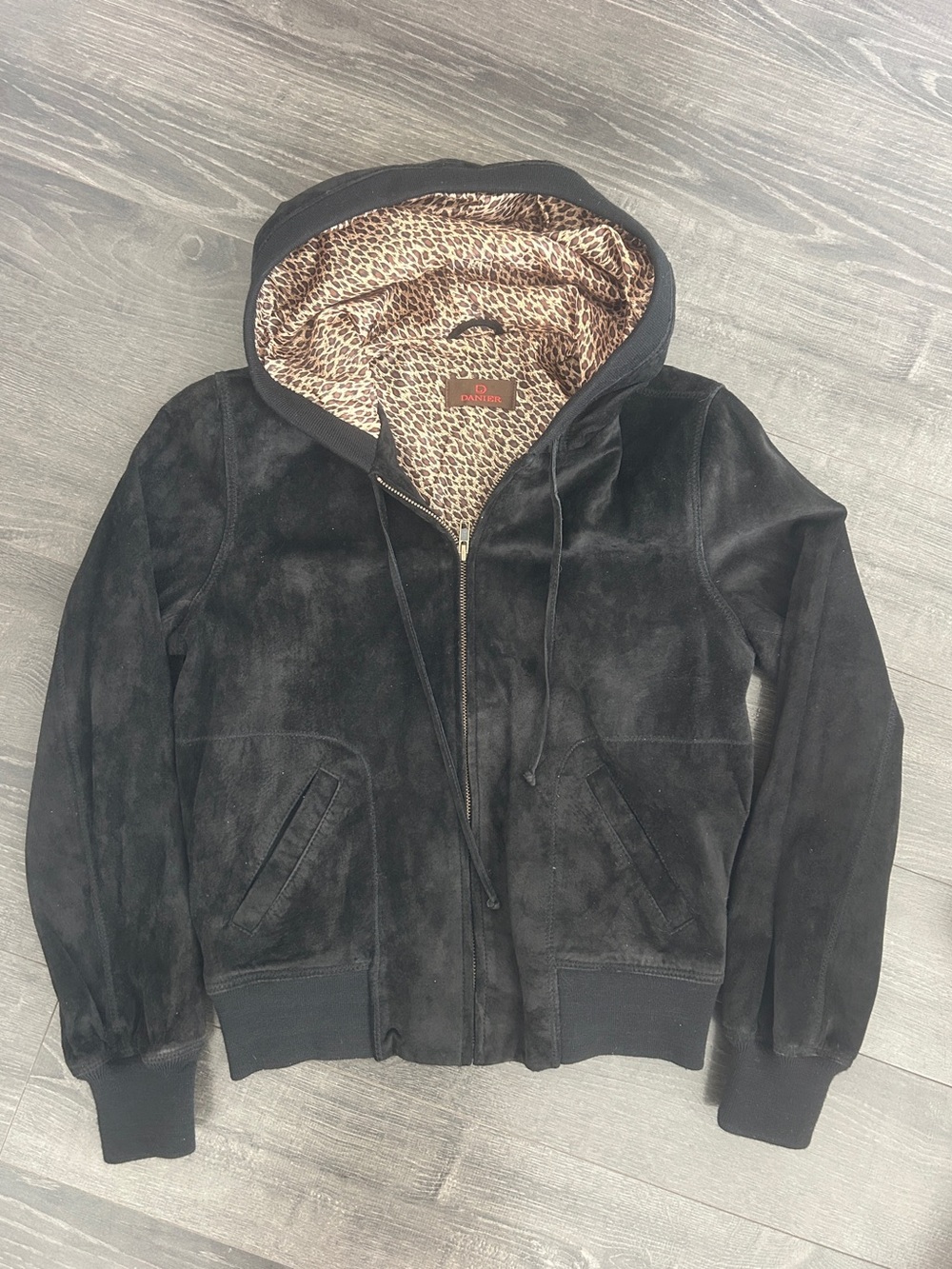 Danier Genuine Suede Leather Leopard Lined Full Zip Hoodie Vintage Y2K Jacket M